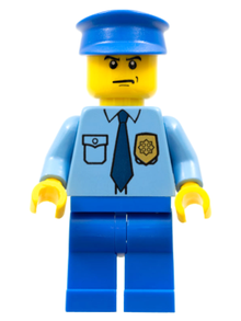 Minifig cop054 - Police - City Shirt with Dark Blue Tie and Gold Badge, Blue Legs, Blue Police Hat, Scowl - De BrickPlaats