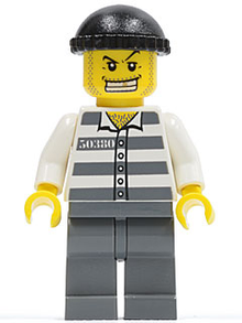 Minifig cty0007 - Police - Jail Prisoner 50380 Prison Stripes, Dark Bluish Gray Legs, Black Knit Cap, Gold Tooth - De BrickPlaats