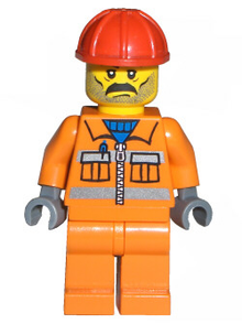 Minifig cty0010 - Construction Worker - Orange Zipper, Safety Stripes, Orange Arms, Orange Legs, Red Construction Helmet, Moustache and Stubble - De BrickPlaats