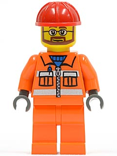 Minifig cty0032 - Construction Worker - Orange Zipper, Safety Stripes, Orange Arms, Orange Legs, Red Construction Helmet, Beard and Glasses - De BrickPlaats