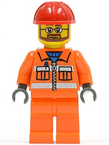 Minifig cty0032 - Construction Worker - Orange Zipper, Safety Stripes, Orange Arms, Orange Legs, Red Construction Helmet, Beard and Glasses - De BrickPlaats