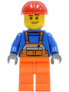 Minifig cty0079 - Overalls with Safety Stripe Orange, Orange Legs, Red Construction Helmet, Smirk and Stubble Beard - De BrickPlaats