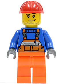 Minifig cty0079 - Overalls with Safety Stripe Orange, Orange Legs, Red Construction Helmet, Smirk and Stubble Beard - De BrickPlaats