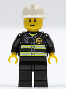 Minifig cty0090b - Fire - Reflective Stripes, Black Legs, White Fire Helmet, Reddish Brown Eyebrows, Thin Grin, Yellow Hands - De BrickPlaats