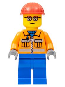 Minifig cty0110a - Construction Worker - Orange Zipper, Safety Stripes, Orange Arms, Blue Legs, Red Construction Helmet, Red Eyebrows, Glasses - De BrickPlaats