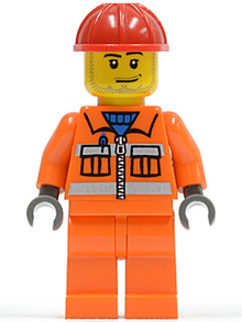 Minifigur cty0113 – Bauarbeiter – Oranger Reißverschluss, Sicherheitsstreifen, orange Arme, orange Beine, roter Bauhelm, Grinsen und Dreitagebart