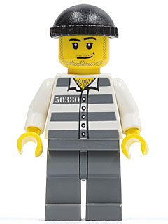 Minifig cty0200 - Police - Jail Prisoner 50380 Prison Stripes, Dark Bluish Gray Legs, Black Knit Cap, Smirk and Stubble Beard - De BrickPlaats