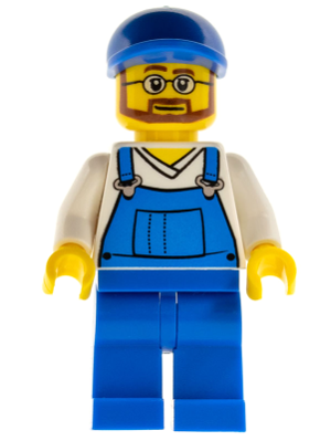 Minifig cty0268 - Overalls Blue over V-Neck Shirt, Blue Legs, Blue Short Bill Cap, Beard and Glasses - De BrickPlaats
