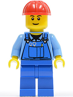 Minifig cty0291 - Overalls with Tools in Pocket Blue, Red Construction Helmet, Black Eyebrows, Thin Grin - De BrickPlaats