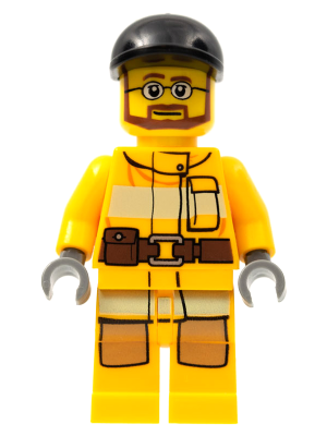 Minifig cty0300 - Fire - Bright Light Orange Fire Suit with Utility Belt, Black Short Bill Cap, Beard and Glasses - De BrickPlaats
