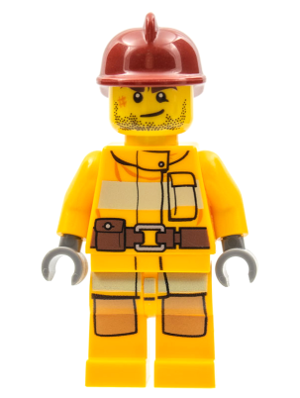 Minifigur cty0302 – Feuerwehr – Leuchtend orangefarbener Feuerwehranzug mit Gürtel, dunkelroter Feuerwehrhelm, schiefes Lächeln und Narbe