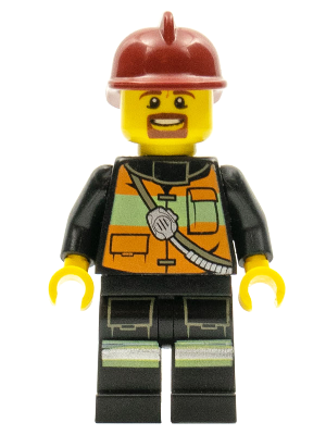 Minifig cty0342 – Feuerwehr – Reflektierende Streifenweste mit Taschen und Schultergurt, dunkelroter Feuerwehrhelm