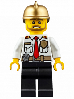 Minifig cty0350 - Fire Chief - White Shirt with Tie and Belt, Black Legs, Gold Fire Helmet - De BrickPlaats