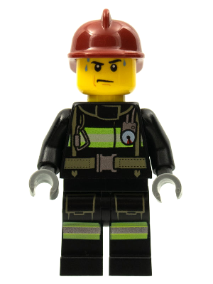 Minifigur cty0351 – Feuerwehr – Reflektierende Streifen mit Ausrüstungsgürtel, dunkelroter Feuerwehrhelm, Schweißtropfen