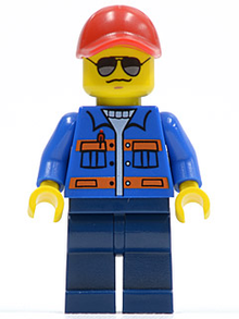 Minifig cty0500 - Blue Jacket with Pockets and Orange Stripes, Dark Blue Legs, Red Cap with Hole, Sunglasses, NO Back Print - De BrickPlaats