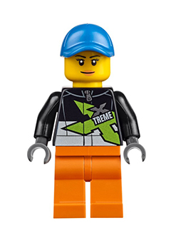 Minifig cty0543 - Xtreme Powerboat Driver, Female, Black Racing Jacket, Orange Legs, Blue Seamed Cap - De BrickPlaats