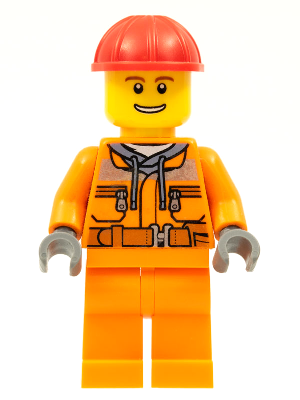 Minifig cty0549 - Construction Worker - Male, Orange Safety Jacket, Reflective Stripe, Sand Blue Hoodie, Orange Legs, Red Construction Helmet, Thin Grin with Teeth - De BrickPlaats