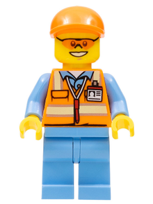 Minifig cty0677 - Orange Safety Vest with Reflective Stripes, Medium Blue Legs, Orange Short Bill Cap, Orange Sunglasses - De BrickPlaats