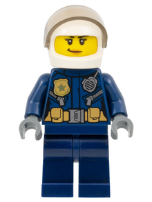 Minifig cty0702 - Police - City Leather Jacket with Gold Badge and Utility Belt, White Helmet, Trans-Brown Visor, Peach Lips Smirk - De BrickPlaats