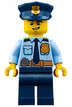Minifig cty0743 - Police - City Shirt with Dark Blue Tie and Gold Badge, Dark Tan Belt with Radio, Dark Blue Legs, Police Hat with Gold Badge, Lopsided Grin - De BrickPlaats