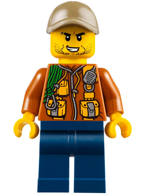 Minifig cty0792 - City Jungle Explorer - Dark Orange Jacket with Pouches, Dark Blue Legs, Dark Tan Cap with Hole, Stubble - De BrickPlaats