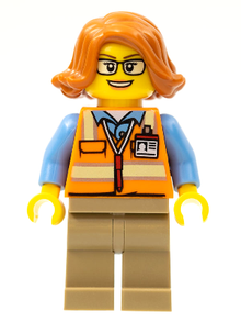 Minifig cty0801 - Cargo Office Worker - Orange Safety Vest with Reflective Stripes, Dark Tan Legs, Dark Orange Female Hair Short Swept Sideways, Glasses - De BrickPlaats