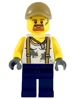 Minifig cty0815 - City Jungle Engineer - White Shirt with Suspenders and Dirt Stains, Dark Blue Legs, Dark Tan Cap with Hole, Goatee - De BrickPlaats