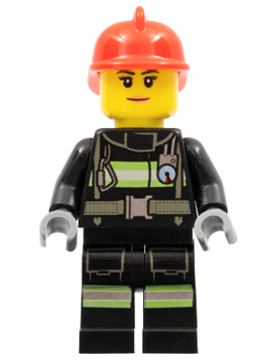 Minifigur cty0963 – Feuerwehr – Reflektierende Streifen mit Ausrüstungsgürtel, roter Feuerwehrhelm, geschlossenes Lächeln mit pfirsichfarbenen Lippen