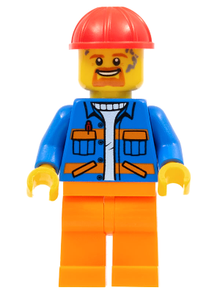 Minifig cty1161 - Blue Jacket with Diagonal Lower Pockets and Orange Stripes, Orange Legs, Red Construction Helmet - De BrickPlaats