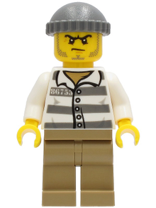 Minifig cty1242 - Police - Jail Prisoner 86753 Prison Stripes, Dark Tan Legs, Dark Bluish Gray Knit Cap - De BrickPlaats