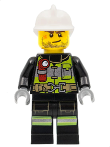 Minifig cty1255 - Feuerwehr - Reflektierende Streifen mit Ausrüstungsgürtel und Taschenlampe, weißer Feuerwehrhelm, Bartstoppeln, braune Augenbrauen