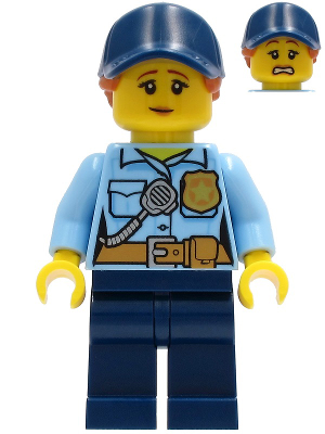 Minifig cty1258 - Police - City Officer Female, Bright Light Blue Shirt with Badge and Radio, Dark Blue Legs, Dark Blue Cap with Dark Orange Ponytail, Pensive Smile - De BrickPlaats