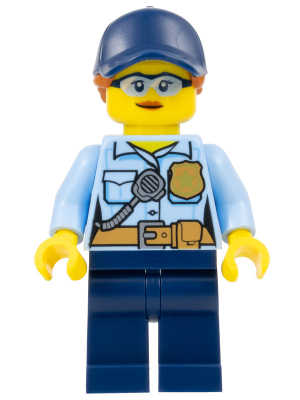 Minifig cty1525 - Police - City Officer Female, Bright Light Blue Shirt with Badge and Radio, Dark Blue Legs, Dark Blue Cap with Dark Orange Ponytail, Safety Glasses - De BrickPlaats