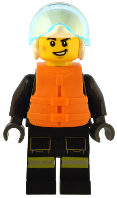 Minifig cty1549 - Fire - Male, Black Jacket and Legs with Reflective Stripes and Red Collar, White Helmet, Trans-Light Blue Visor, Orange Life Jacket - De BrickPlaats
