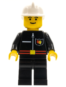 Minifig firec006 - Fire - Flame Badge and Straight Line, Black Legs, White Fire Helmet - De BrickPlaats