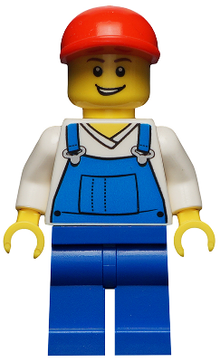 Minifig hol019 - Overalls Blue over V-Neck Shirt, Blue Legs, Red Short Bill Cap, Open Grin - De BrickPlaats