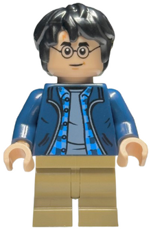 Minifig hp544 - Harry Potter - Dark Blue Open Jacket over Plaid Shirt with Collar and Sand Blue Shirt, Dark Tan Medium Legs - De BrickPlaats