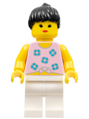 Minifig par003 - Blue Flowers - White Legs, Black Ponytail Hair - De BrickPlaats