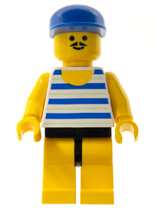 Minifig par027 - Horizontal Blue and Light Green Stripes, Yellow Legs, Blue Cap - De BrickPlaats
