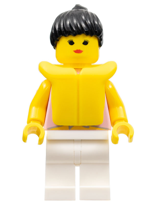 Minifig par053 - Blue Flowers - White Legs, Black Ponytail Hair, Life Jacket - De BrickPlaats