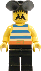 Minifig pi017 - Pirate Blue / White Stripes Shirt, Black Legs, Black Pirate Triangle Hat - De BrickPlaats