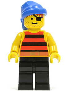 Minifig pi027 - Pirate Red / Black Stripes Shirt, Black Legs, Blue Bandana - De BrickPlaats