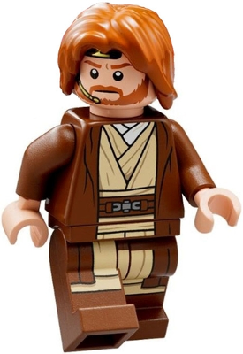 Minifigur sw1220 – Obi-Wan Kenobi – Rotbrauner Umhang, dunkelorangefarbenes, mittellanges, zerzaustes Haar mit Mittelscheitel