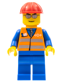 Minifig trn225 - Orange Vest with Safety Stripes - Blue Legs, Silver Glasses, Red Construction Helmet - De BrickPlaats