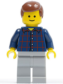 Minifig twn069 - Plaid Button Shirt, Light Bluish Gray Legs, Reddish Brown Male Hair, Standard Grin - De BrickPlaats