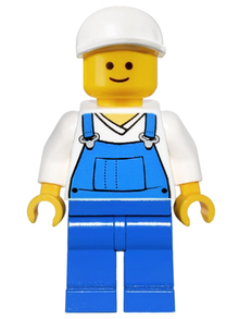 Minifig twn138 - Overalls Blue over V-Neck Shirt, Blue Legs, White Short Bill Cap - De BrickPlaats