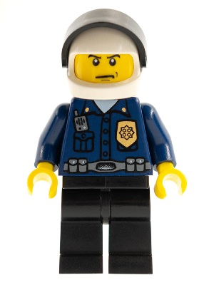 Minifig wc023 - Police - World City Patrolman, Dark Blue Shirt with Badge and Radio, Black Legs, White Helmet, Black Visor - De BrickPlaats
